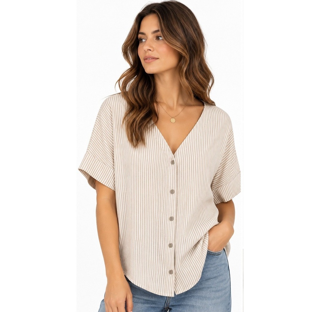 VETTA Capsule Girlfriend Shirt Women S Tan White Striped V-Neck Tencel Blouse